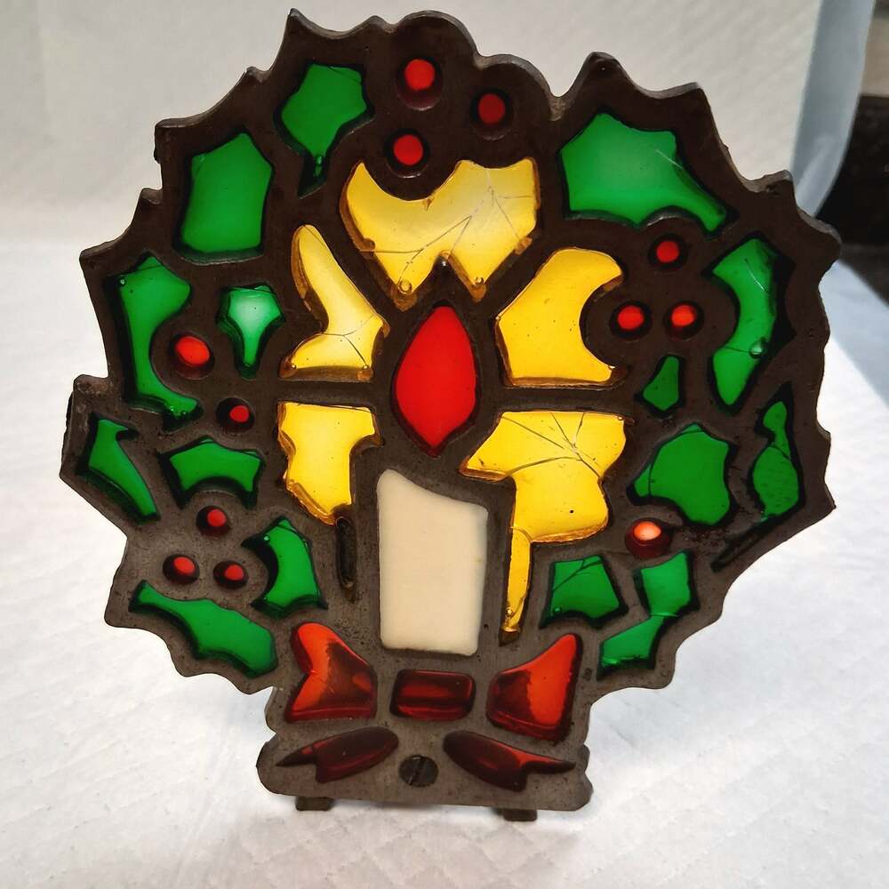 Vintage Christmas Wreath Candle Holder Cast Iron Stained Glass Tiffany Style